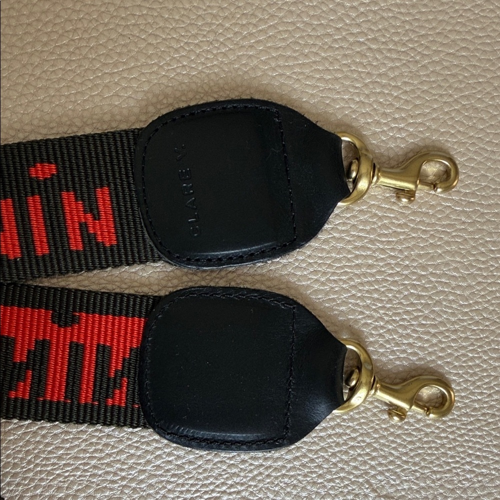 Clare V dark green/black Strap with orange-red Woven Text and Gold Hardware - Picture 2 of 4